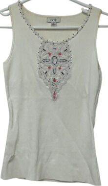 Cache Tank Top Womens XS White Beaded Knit Regular Fit Scoop Neck Sleeveless